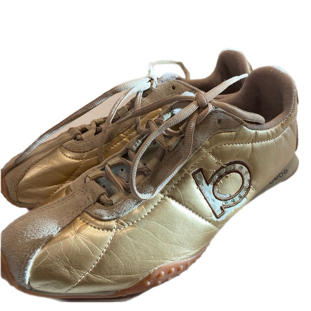 Bebe Sport Sneakers Tennis Shoes Gold Leather W/ suede Details & Rhinestones “B”